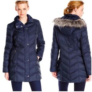 Kenneth Cole Quilted Down Puffer Coat with Fur Detachable Hood Size Small